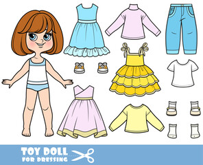 Cartoon brunette girl  with short bob and clothes separately  -  long sleeve, dress, sundress, jeans and boots