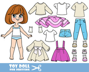 Cartoon brunette girl with short bob and clothes separately  -  long sleeve, shorts, shirts, tu-tu, skirt, casual dress, jeans and boots