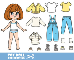 Cartoon brunette girl with short bob and clothes separately  -  long sleeve,  shirts, denim overalls, cardigan, jeans and boots