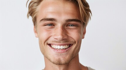 Fototapeta premium portrait of a handsome blonde man with a strong jawline and clean teeth, smiling with a fresh and stylish appearance, perfect for a dental ad and isolated on a white background