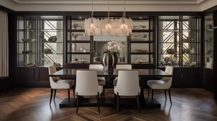 Fototapeten Luxe transitional estate dining room with herringbone hardwood floors built-in china cabinets and chic modern chandeliers. © Aeman