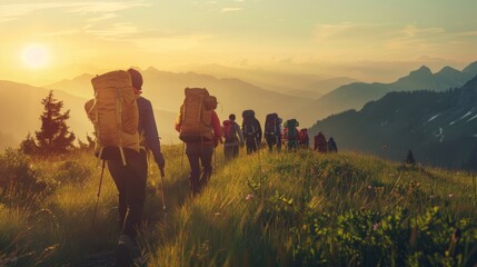 Group of People Hiking up Hill at Sunset - obrazy, fototapety, plakaty