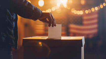 Participating in Democracy: Ballot Casting with American Flag Backdrop - obrazy, fototapety, plakaty