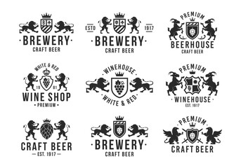 Beverages logo set. Vintage beer and wine logo with heraldic animals. Vintage brewery and winery emblems. Beverages labels, emblems, logo. Vector illustration