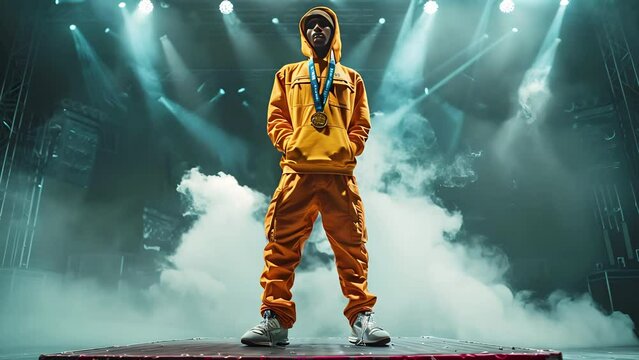 Portrait of african breakdancer in sports suit with gold medal in bright white stage lights. Confident winner of  dance competition in breakdancing on stage podium.