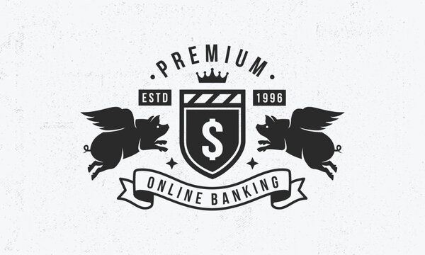Vintage Finance logo template. Banking, Investment logo with flying pigs and grain texture. Logo, Poster for Stock Exchange, Trading, Crypto, Bank business. Vector illustration
