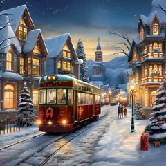 Christmas and New Year holidays in european city. Tram on the background of old houses and Christmas decorations.