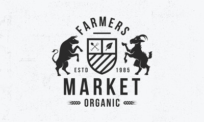 Farmers Market logo. Food store emblem, poster. Bull and Goat silhouette. Label, badge, poster for Farmers market, grocery store. Vector illustration