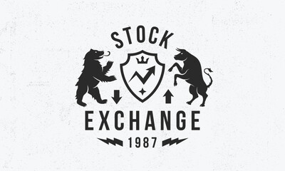 Stock Exchange logo. Trading logo with heraldic bull, bear and grain texture. Logo, Poster for Stock Exchange, Trading, Crypto business. Vector illustration