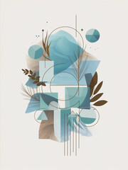 A collection of geometric shapes overlays a mixture of abstract watercolor blotches and detailed leaf illustrations