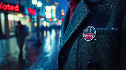 Democracy in Urban Life with 'I Voted' Sticker at Night - obrazy, fototapety, plakaty