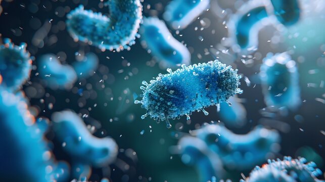 high resolution 3d image of blue bacteria in a microscopic close up showing germs cells and organisms