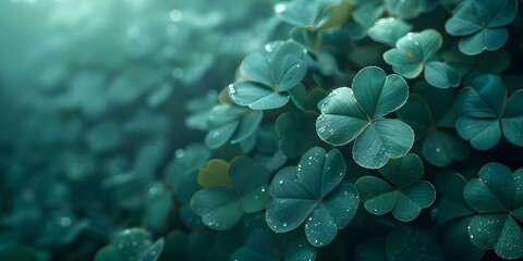 St Patrick's Day Background with Green Clover Leaves and Festive Greetings. Concept St Patrick's Day, Green Clover Leaves, Festive Greetings, Irish Celebration, Holiday Backdrop - obrazy, fototapety, plakaty
