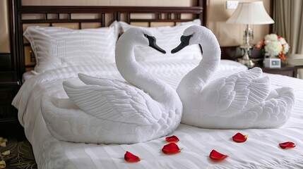 Fototapeta na wymiar Begin your honeymoon in style with swan-shaped towels adorning your bed, creating a romantic atmosphere for your special getaway