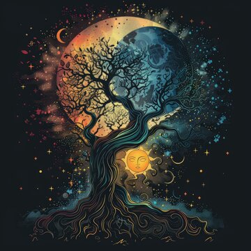 A painting featuring a detailed tree silhouette against a backdrop of the moon shining in the night sky