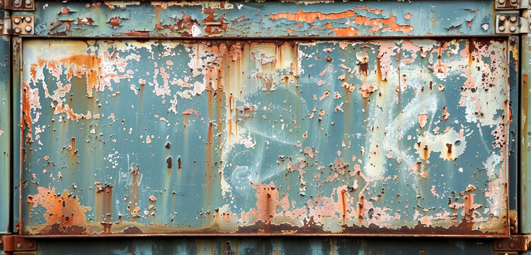 Rusty metal door with peeling paint, blank sign for graffiti.