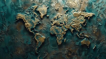 A three-dimensional map of the world. Global perspectives, interconnected continents.