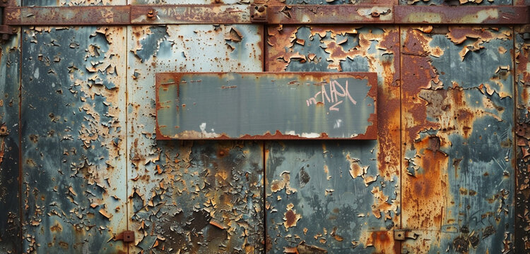 Rusty metal door with peeling paint, blank sign for graffiti.