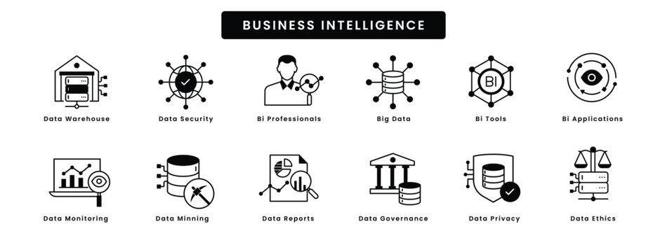 Business Intelligence Icons - A Set of High-Quality Icons for Business Intelligence like Big Data, Data Warehouse, Data Minning, Data Ethics, Data Governance, and more.