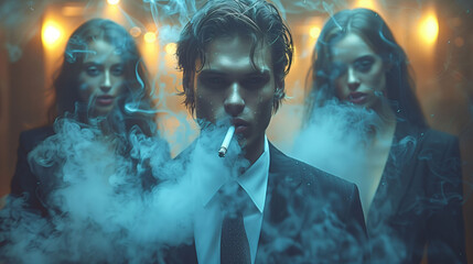 Three mysterious people in a smoky room, with a man in the center smoking a cigarette and two women in the background.