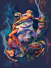 A painting portraying a frog sitting with a cigarette in its mouth and a cup of coffee in front of it