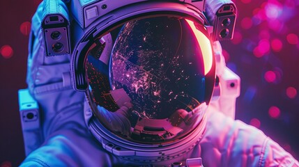astronaut helmet closeup with a reflection of the cosmic galaxy on the visor against a neon background, highlighting the futuristic and cosmic theme
