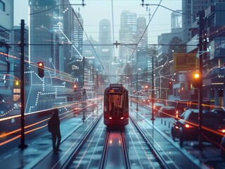 A train is traveling down a city street with a person walking in the background. The train is surrounded by a lot of traffic, including cars and other vehicles. The scene is busy and bustling