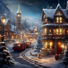Digital painting of christmas village in the mountains at night, with snowfall