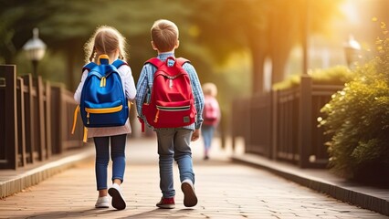 Little kids with school backpacks returning from school in city park - obrazy, fototapety, plakaty