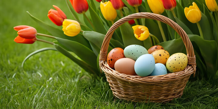 Easter painted eggs in a wicker basket against a background of green grass and spring tulips.