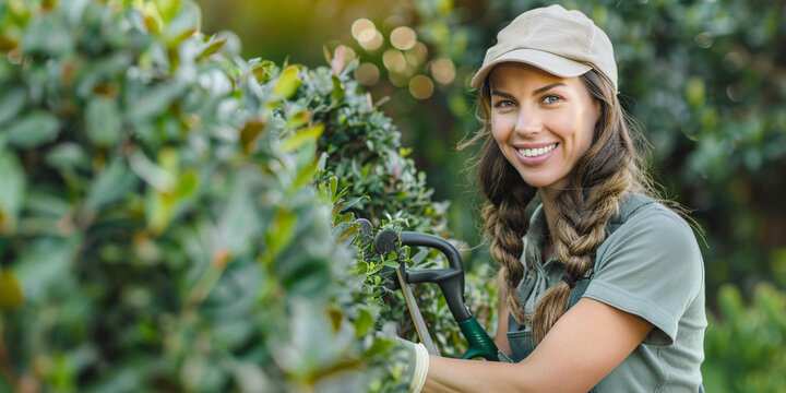 Photo of an attractive fit female gardener with a smile on her face standing next to a bush and trimming it with scissors in a topiary shape with copy space on the left