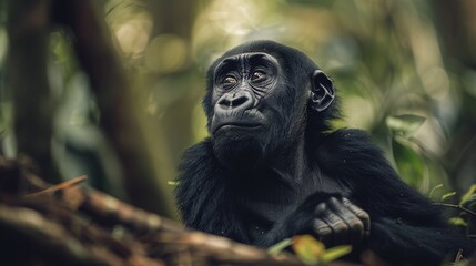 black gorilla closeup sitting in forest, showcasing the majestic primate surrounded by dense foliage