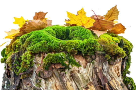 Fall foliage drapes a mossy perch transparent background - Powered by Adobe