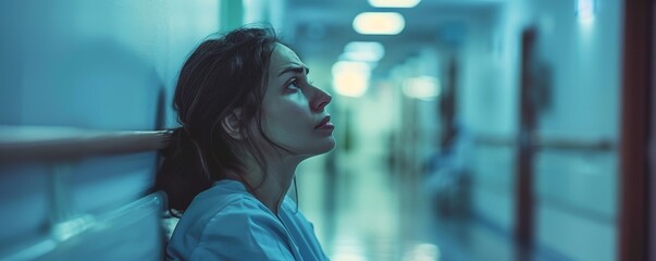 Amid the hospital's hustle, a doctor pauses, her sadness and exhaustion confined to the quiet of the corridor - obrazy, fototapety, plakaty