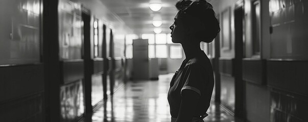 Amid the hospital's hustle, a doctor pauses, her sadness and exhaustion confined to the quiet of the corridor - obrazy, fototapety, plakaty