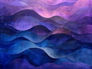 Abstract waves of blue and purple, melding in a dance on a textured, grainy canvas, radiating an...