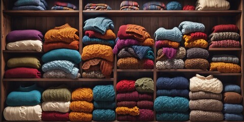 Fototapeta na wymiar Colorful folded sweaters on a wooden shelf. A close-up image of a wooden shelf neatly stacked with colorful folded sweaters. The sweaters come in a variety of colors, including red, yellow, blue, and 