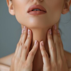 Close-up of a pained expression, woman's hands on her neck indicating thyroid discomfort, against a muted grey - obrazy, fototapety, plakaty