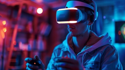 Futuristic gamer in neon-lit room, VR headset glowing, gamepad in hand, immersed in digital wonderland. Hyper-realistic textures