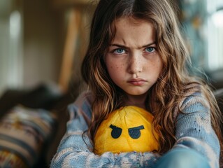 Girl at home, expression of pure annoyance, holding an angry emoji, a moment of humorous frustration - obrazy, fototapety, plakaty