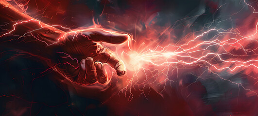 Power and might concept illustrated by a human holding a scarlet bolt of electricity. - obrazy, fototapety, plakaty