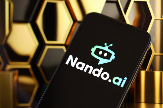 KYIV, UKRAINE - MARCH 17, 2024 NandoAI logo on iPhone display screen with background of artificial intelligence futuristic ai generated image close up
