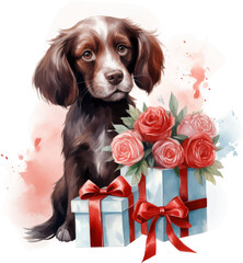 Watercolor dogs clipart with gift and flowers
