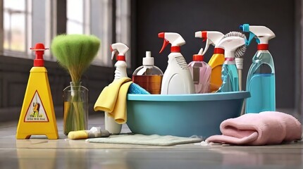 Household cleaning products and cleaning items in a bucket, Spring cleaning of kitchen, bathroom and other premises. Cleaning service concept.