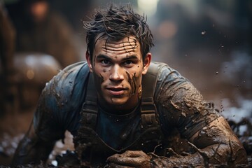 Obraz premium Rugby player throws himself into the mud for the try., generative IA