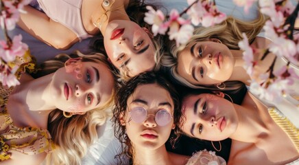 An overhead capture of youthful friends forming a circle, their faces framed by soft spring blossoms, sharing a moment of carefree joy and unity amidst nature's bloom.
