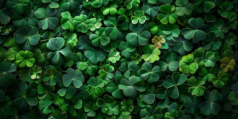 Green Clover Leaves Background for St Patrick's Day Festive Greetings and Abstract Design. Concept St Patrick's Day, Green Clover Leaves, Festive Greetings, Abstract Design