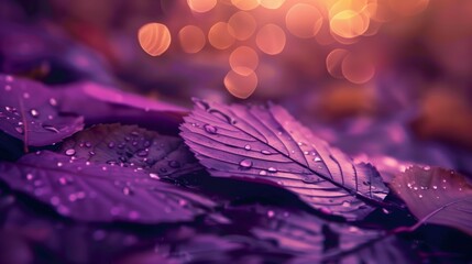 Purple themed fall scene with leaves and a bokeh blurry background, Purple leaves with rain drops,...