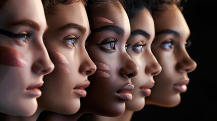Diverse Gen Z Beauty. A close-up view of Generation Z women side by side, each exhibiting a unique and artistic makeup style, showcasing the individuality and creativity of modern beauty.