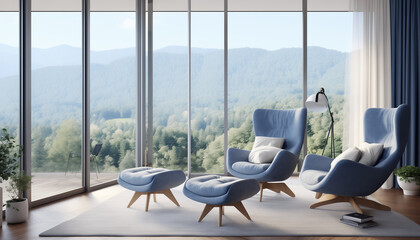Panoramic view of a beautiful mountain landscape from a modern living room with stylish blue armchairs and a soft carpet on the floor - obrazy, fototapety, plakaty